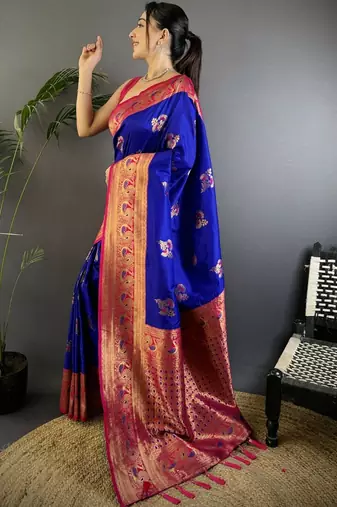 Blue blue banarasi silk zari meenakari weaving saree with contrast blouse piece