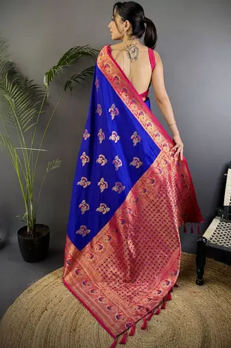 Blue blue banarasi silk zari meenakari weaving saree with contrast blouse piece