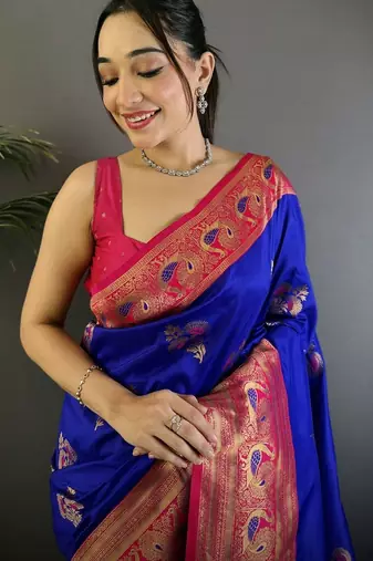 Blue blue banarasi silk zari meenakari weaving saree with contrast blouse piece