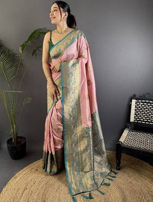 Pink pink banarasi silk zari meenakari weaving saree with contrast blouse piece 1