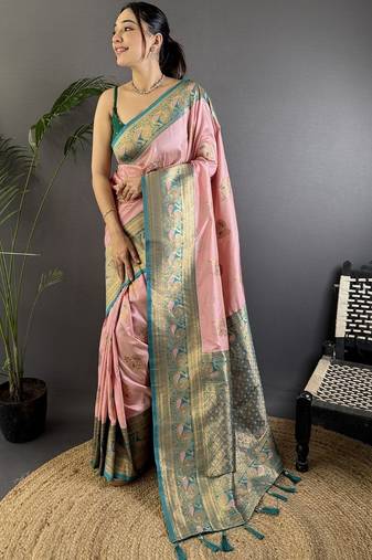 Pink pink banarasi silk zari meenakari weaving saree with contrast blouse piece