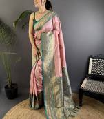 Pink pink banarasi silk zari meenakari weaving saree with contrast blouse piece
