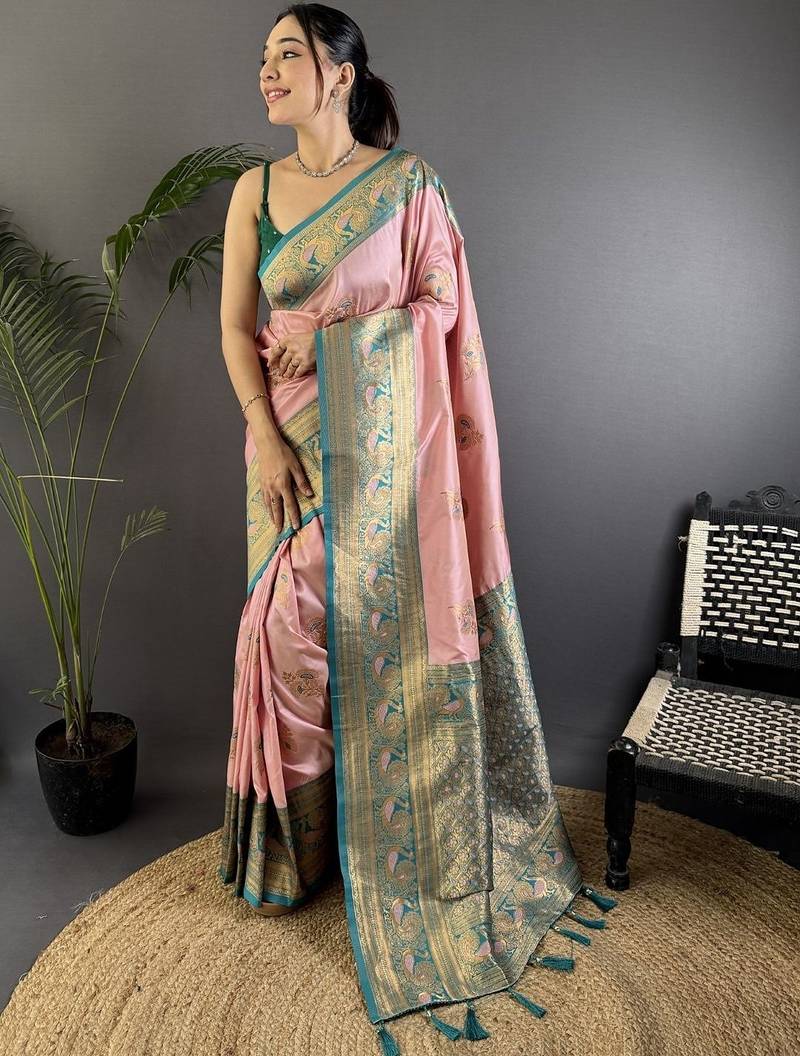 Pink pink banarasi silk zari meenakari weaving saree with contrast blouse piece