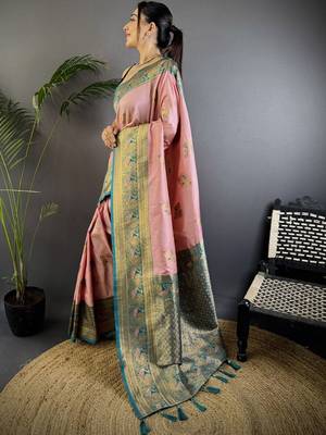 Pink pink banarasi silk zari meenakari weaving saree with contrast blouse piece 2