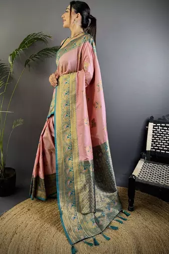 Pink pink banarasi silk zari meenakari weaving saree with contrast blouse piece