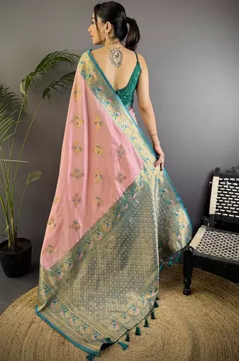 Pink pink banarasi silk zari meenakari weaving saree with contrast blouse piece