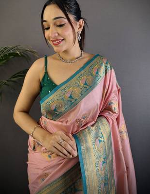 Pink pink banarasi silk zari meenakari weaving saree with contrast blouse piece 4