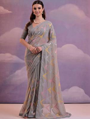 Grey embroidered art silk bagh saree 1
