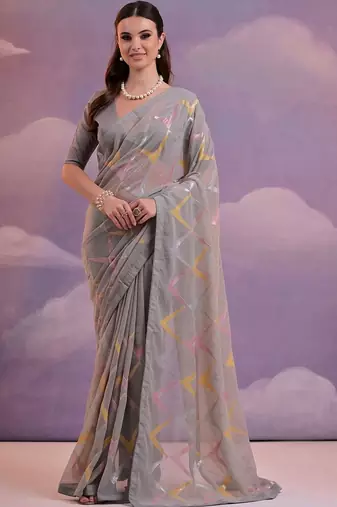 Grey embroidered art silk bagh saree