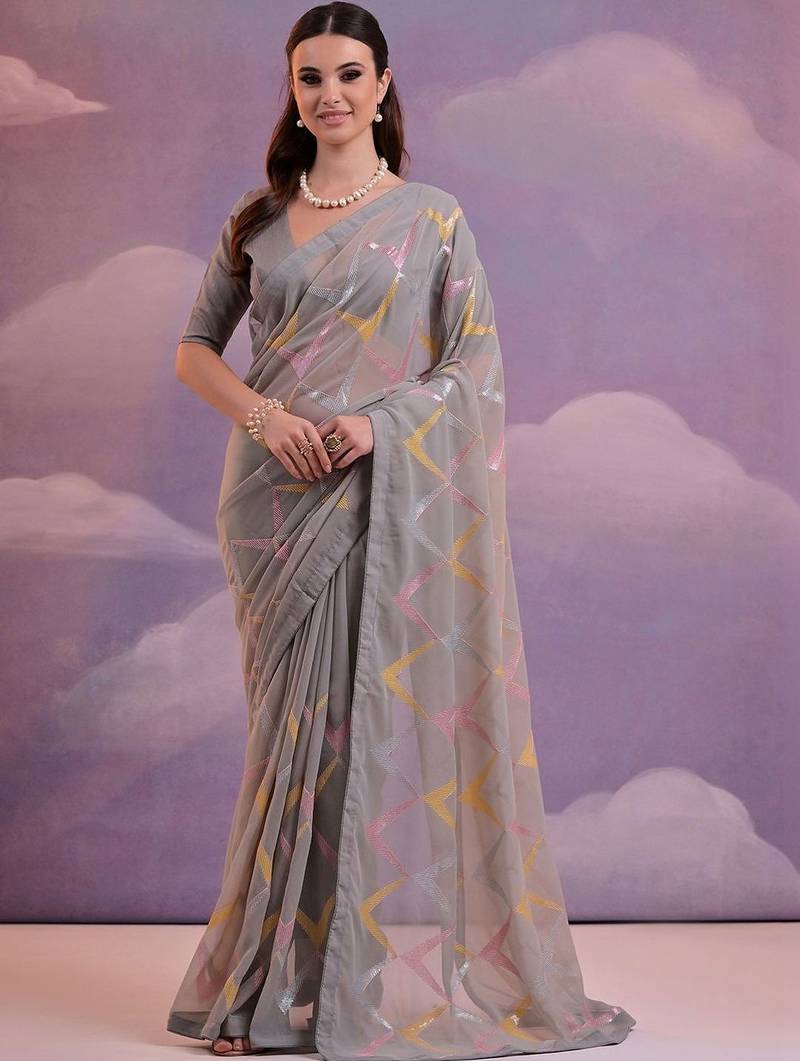 Grey embroidered art silk bagh saree