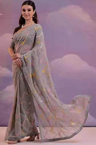 Grey embroidered art silk bagh saree