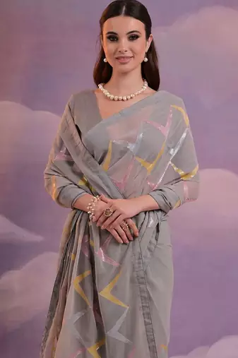Grey embroidered art silk bagh saree