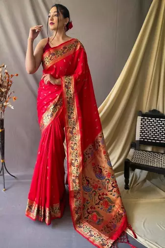 Red red silk blend woven design sarees