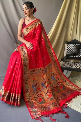 Red red silk blend woven design sarees