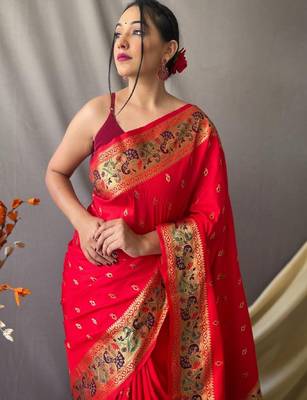 Red red silk blend woven design sarees 3