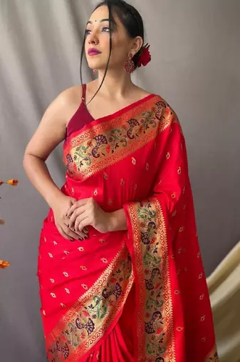 Red red silk blend woven design sarees