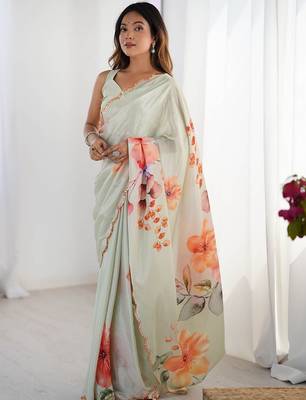 Sea green floral sequinned pure chiffon designer saree 2