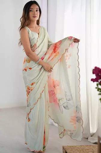 Sea green floral sequinned pure chiffon designer saree
