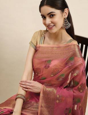 Pink ethnic motifs zari organza banarasi saree 1