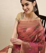 Pink ethnic motifs zari organza banarasi saree