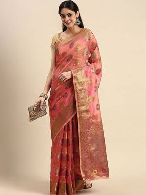 Pink ethnic motifs zari organza banarasi saree 2