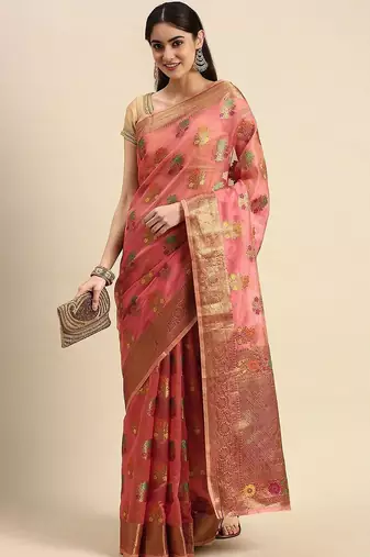 Pink ethnic motifs zari organza banarasi saree