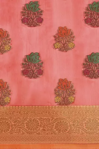 Pink ethnic motifs zari organza banarasi saree