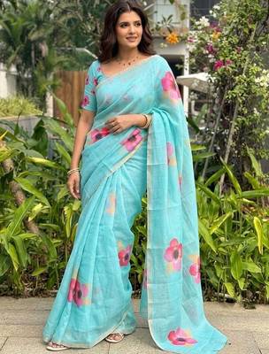 Turquoise floral printed cotton linen sarees 1