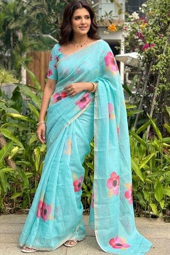 Turquoise floral printed cotton linen sarees
