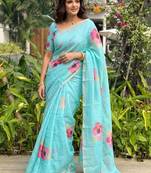Turquoise floral printed cotton linen sarees