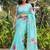 Turquoise floral printed cotton linen sarees