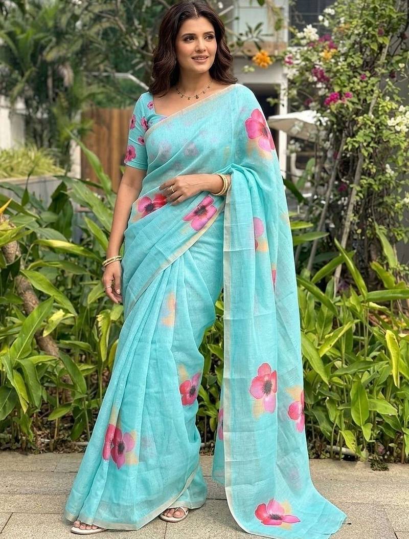 Turquoise floral printed cotton linen sarees