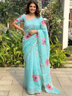 Turquoise floral printed cotton linen sarees 2