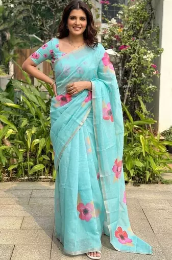 Turquoise floral printed cotton linen sarees