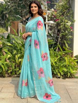Turquoise floral printed cotton linen sarees 3