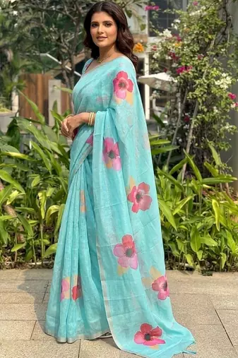 Turquoise floral printed cotton linen sarees