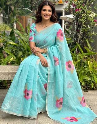 Turquoise floral printed cotton linen sarees 4