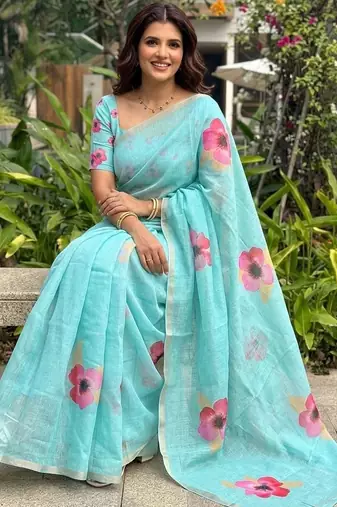 Turquoise floral printed cotton linen sarees
