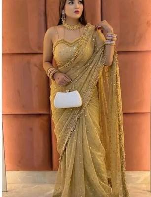 Beige embellished satin saree 1