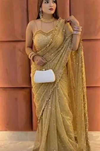 Beige embellished satin saree