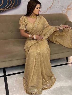 Beige embellished satin saree 2