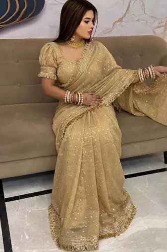 Beige embellished satin saree