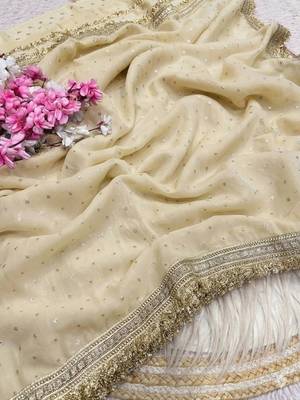 Beige embellished satin saree 3