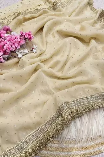 Beige embellished satin saree