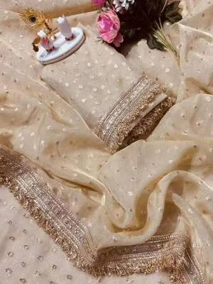 Beige embellished satin saree 4