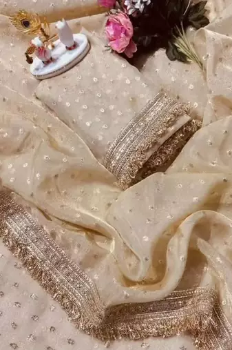 Beige embellished satin saree