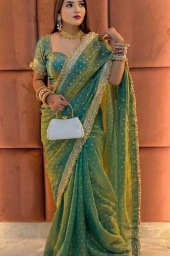 Teal floral satin saree