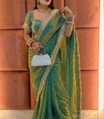 Teal floral satin saree