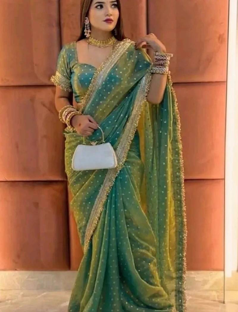 Teal floral satin saree