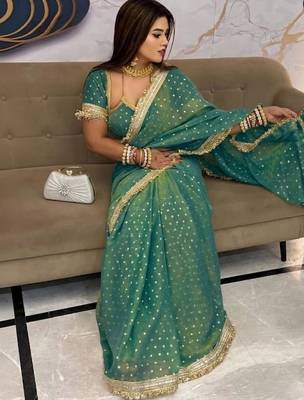 Teal floral satin saree 2